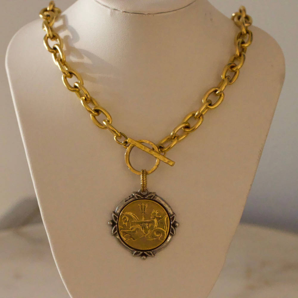 Neptune Coin Necklace - 24k Gold Plated Pewter