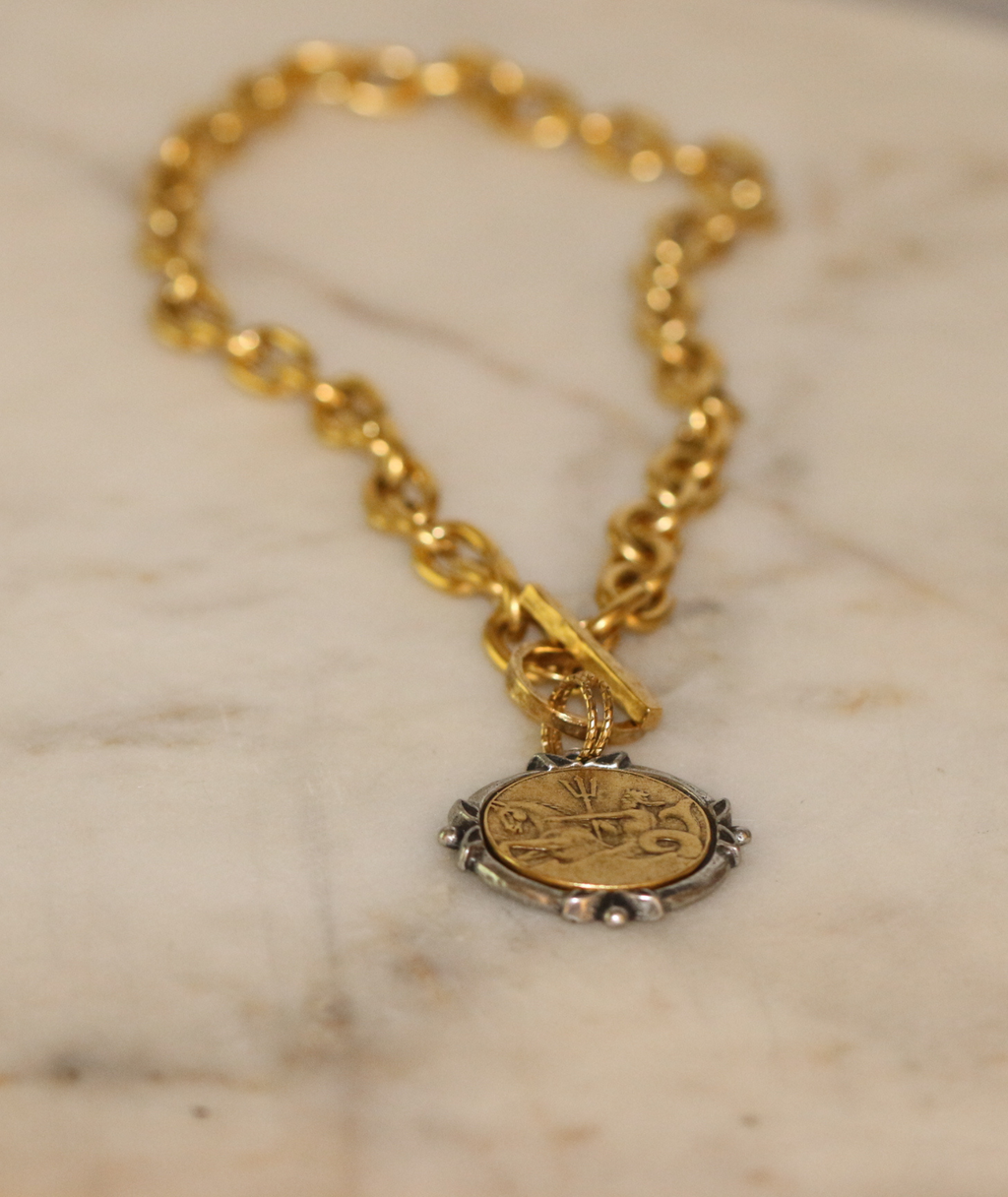 Neptune Coin Necklace - 24k Gold Plated Pewter