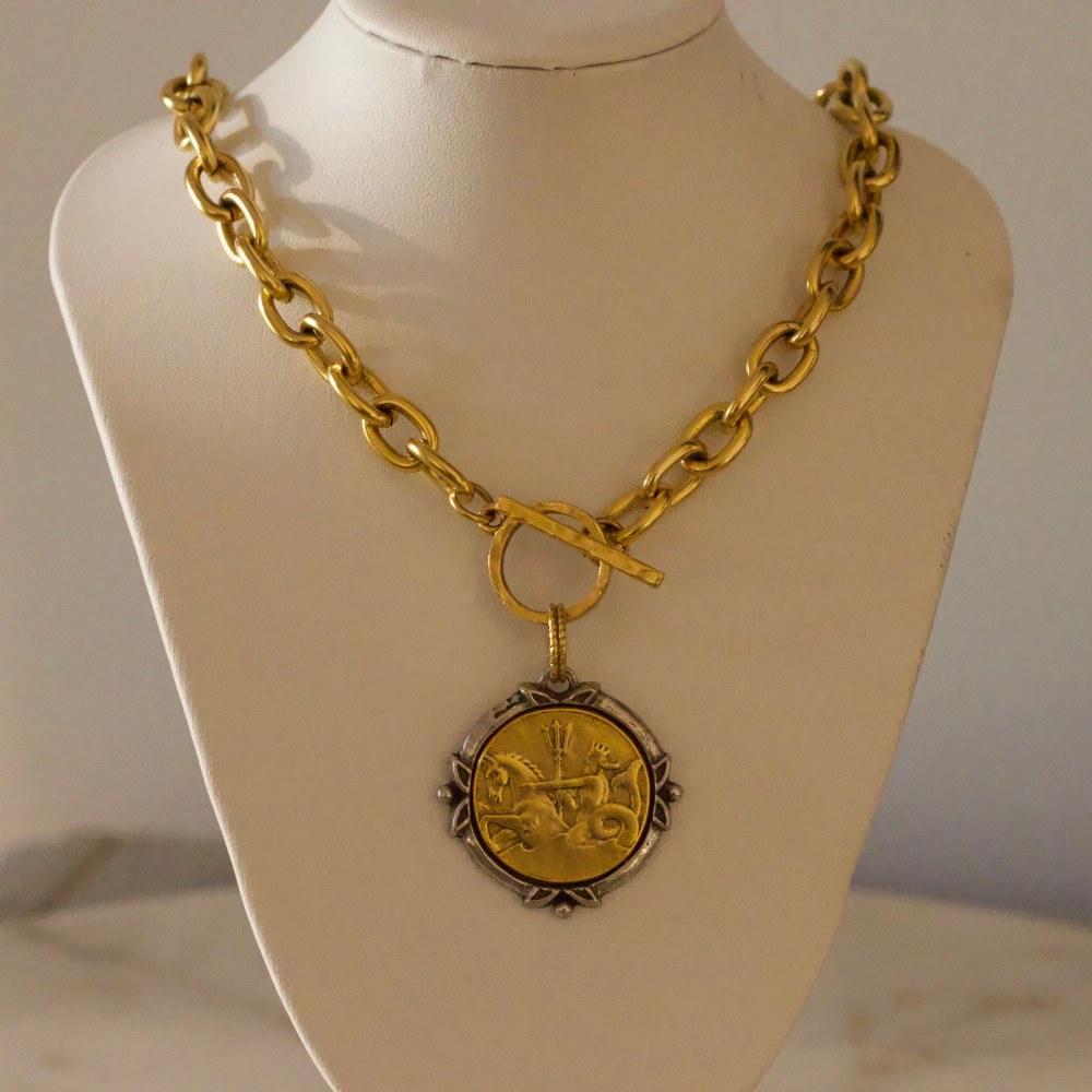 Neptune Coin Necklace - 24k Gold Plated Pewter