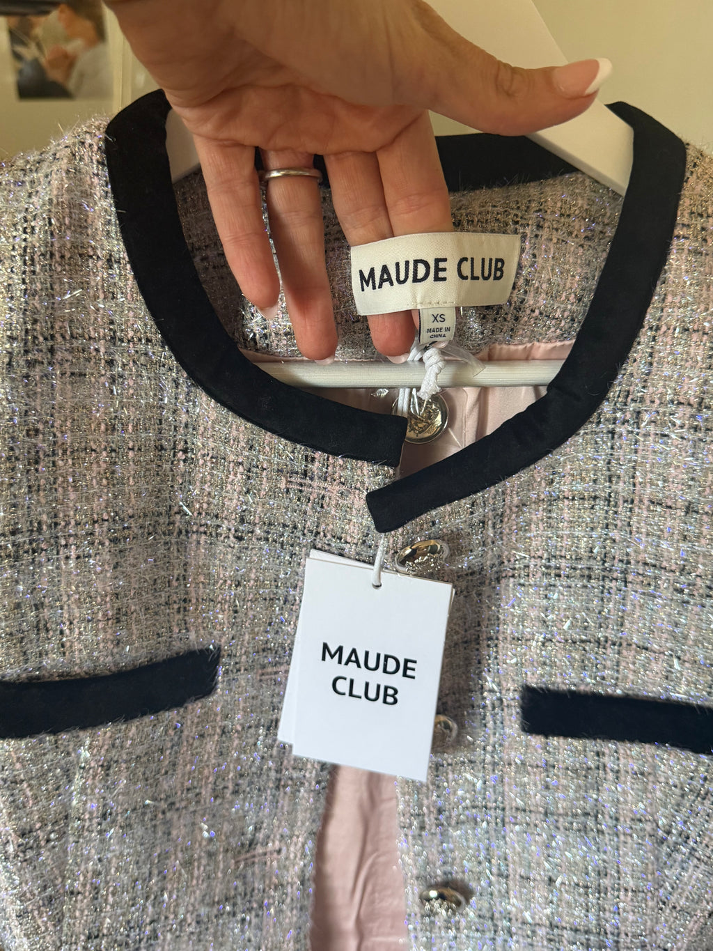 Maude Club Taylor Tweed Mini Dress XS Black Ivory Gold Buttons NWT