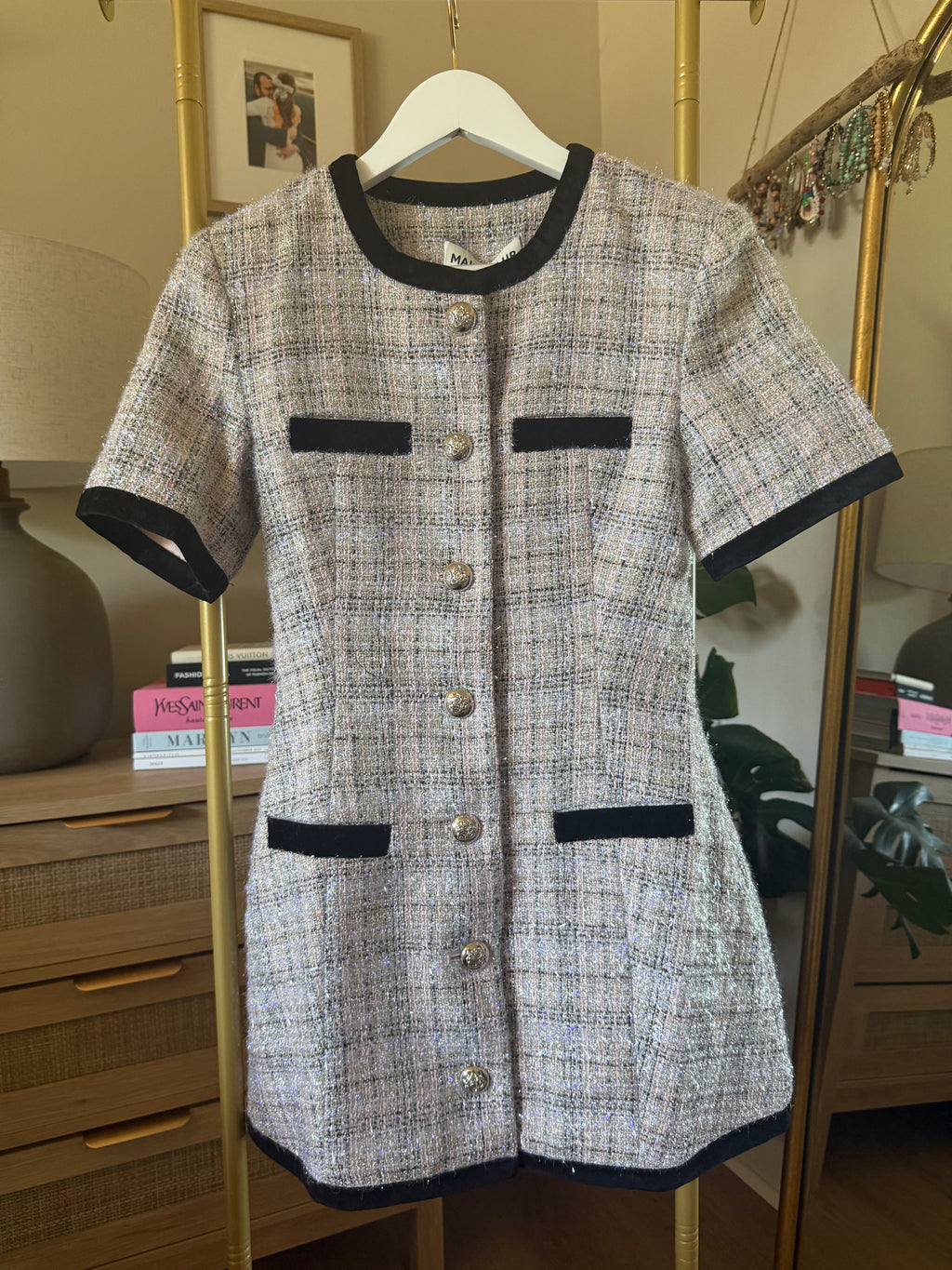 Maude Club Taylor Tweed Mini Dress XS Black Ivory Gold Buttons NWT