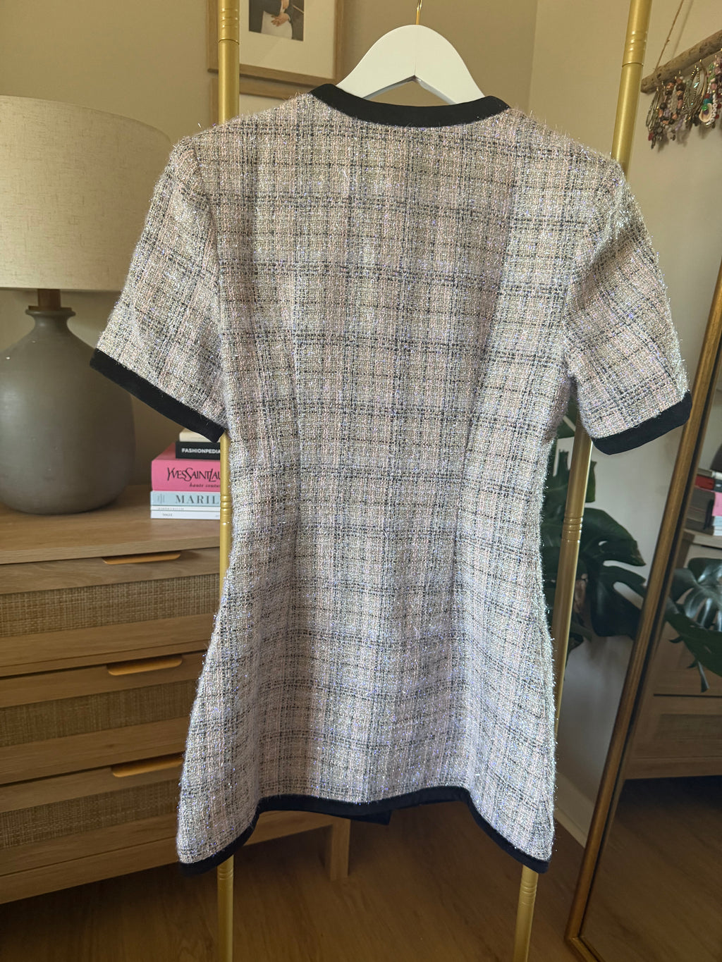 Maude Club Taylor Tweed Mini Dress XS Black Ivory Gold Buttons NWT