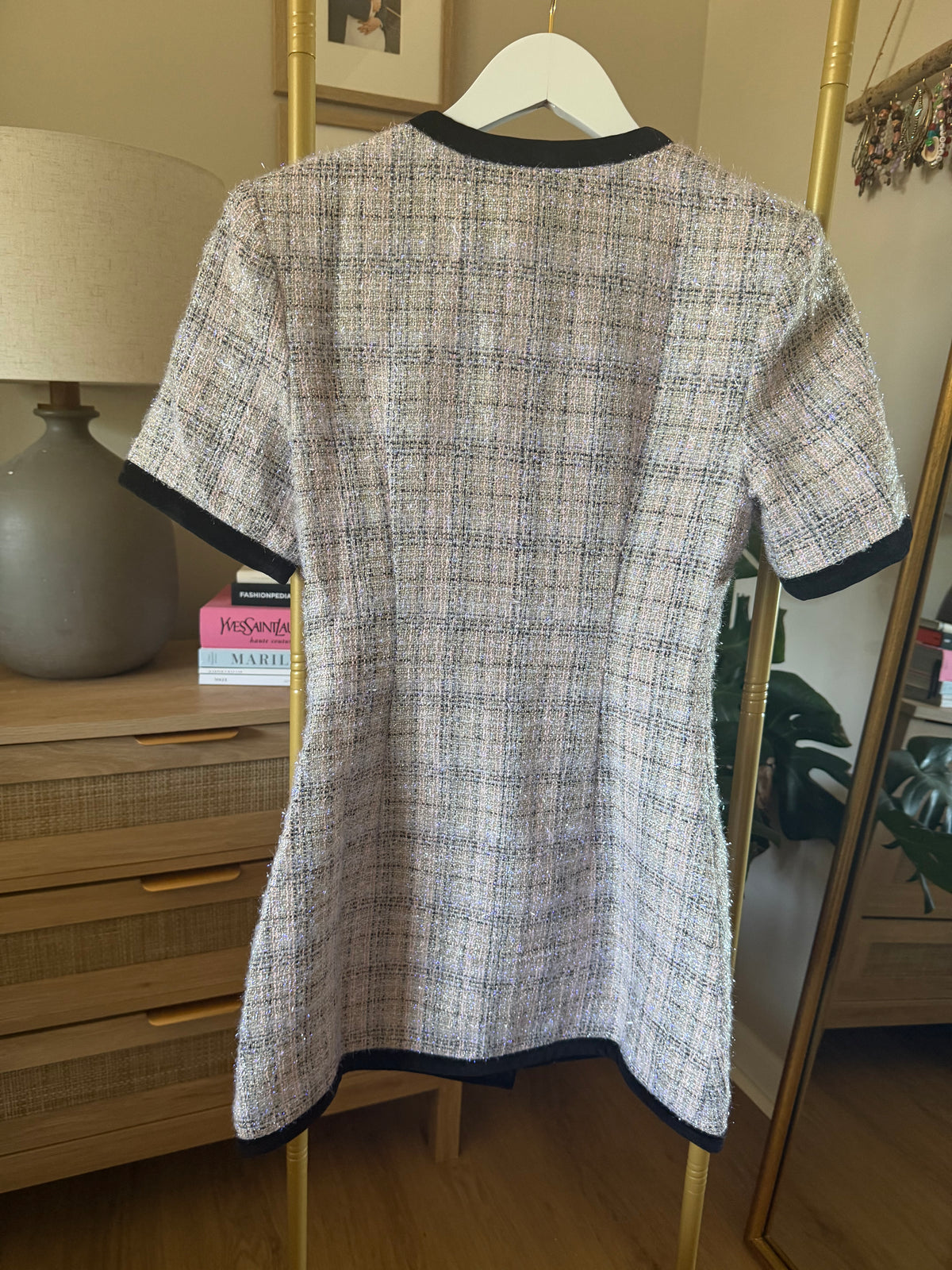 Maude Club Taylor Tweed Mini Dress XS Black Ivory Gold Buttons NWT