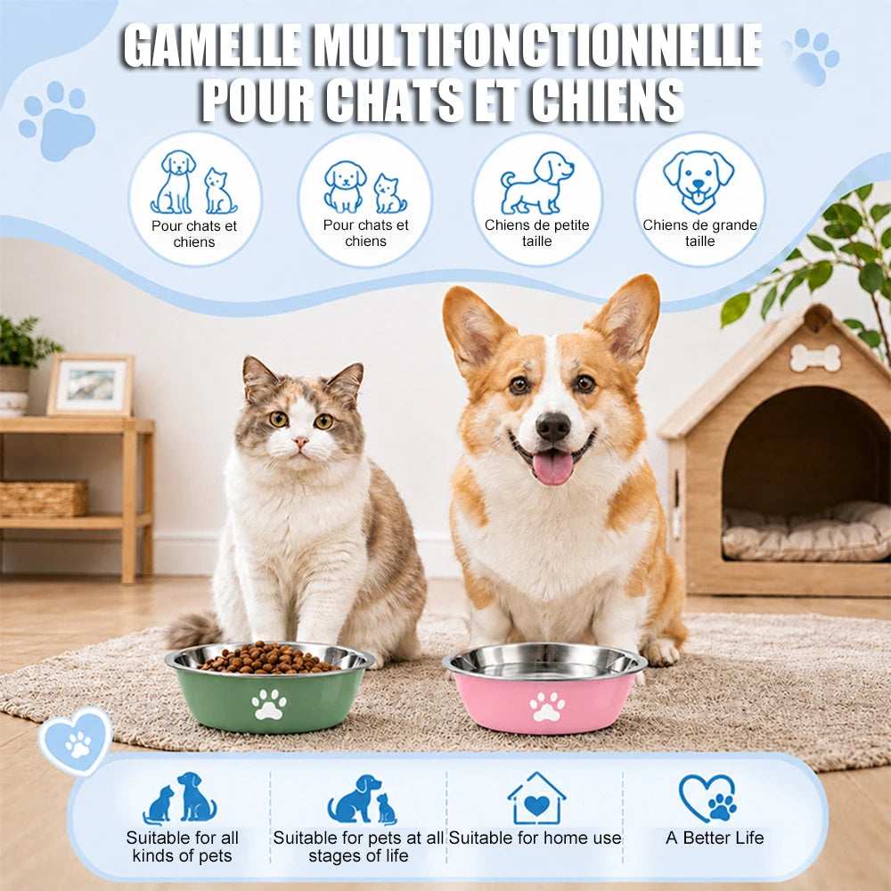 New Stainless Steel Dog Basin Paw Print Pet Supplies Cat Bowl Dog Bowl Silicone Anti-slip Design Pet Drinking Water Feeding Bowl